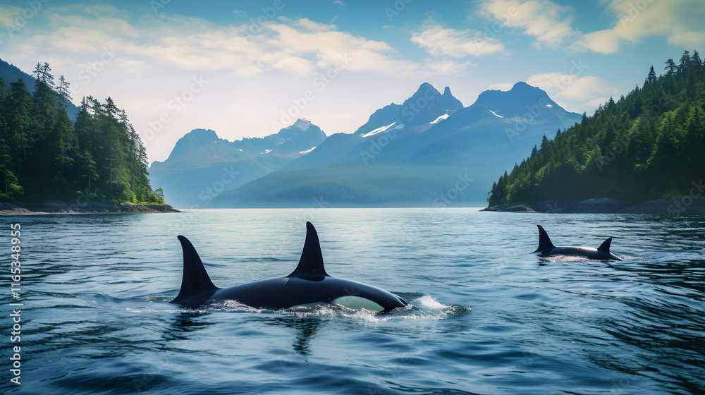 Naklejka premium Stunning Display of Orcas in Majestic Fjord Landscape: An Exquisite Exhibition of Nature's Unspoiled Beauty and Wildlife Harmony
