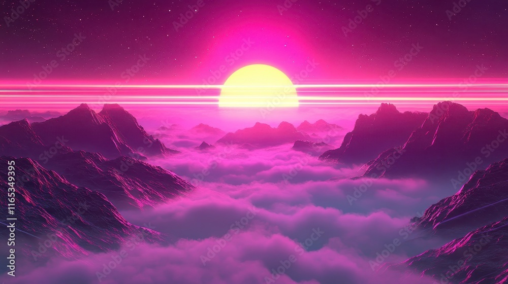 Obraz premium Dynamic neon beams glow softly in a vibrant purple-pink gradient sky