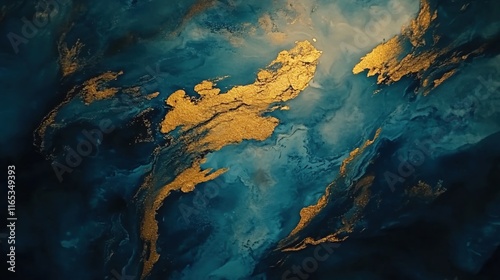 Abstract Art with Blue Background and Golden Texture in Fluid Style