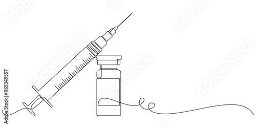 Syringe with vaccine in line art style, vector illustration.