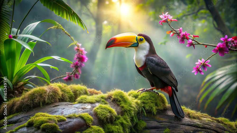 Fototapeta premium vibrant toucan perched on mossy log surrounded by lush greenery and flowers