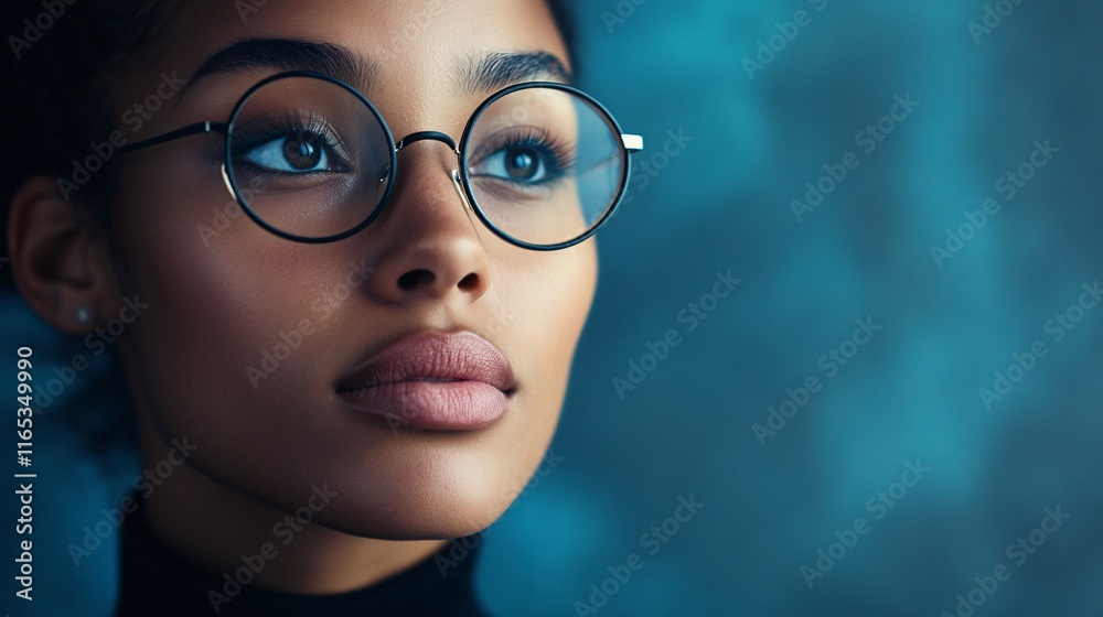 Fototapeta premium Young woman wearing stylish round glasses is thinking and looking upwards