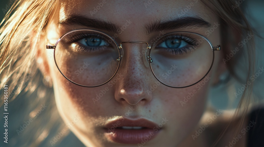 Young woman wearing stylish round glasses and showing freckles Young woman wearing stylish round glasses and showing freckles
