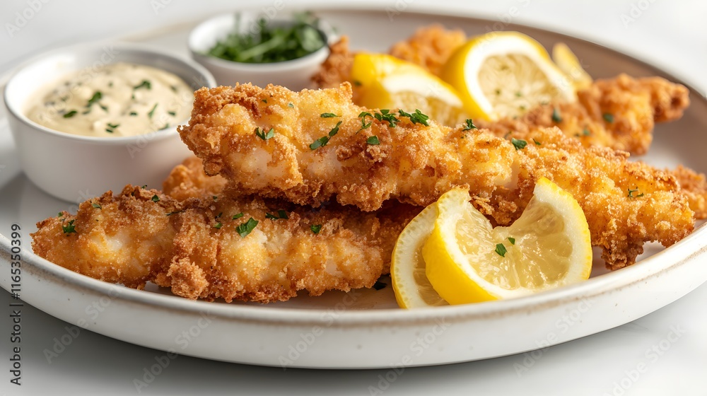 Crispy Fried Fish Fingers Lemon Tartar Sauce Garnish Crispy Fried Fish Fingers Lemon Tartar Sauce Garnish