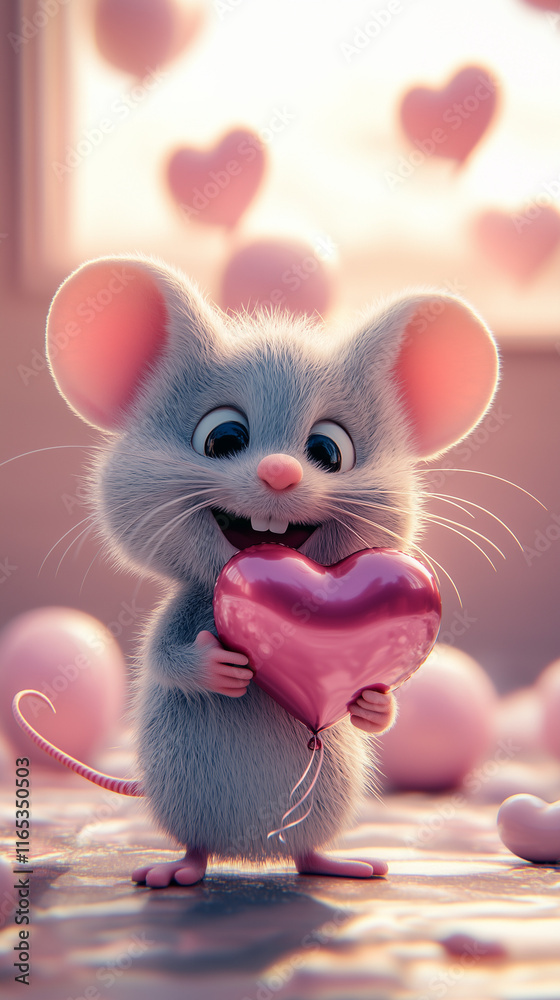 Fototapeta premium Adorable Cute Baby Mouse with Heart Balloons in Dreamy Sweet Love Valentine Greetings Animal