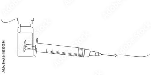 Syringe with vaccine in line art style, vector illustration.
