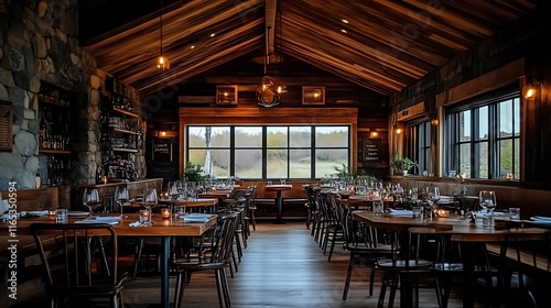 Rustic Restaurant Interior With Wooden Beams And Stone Walls photo