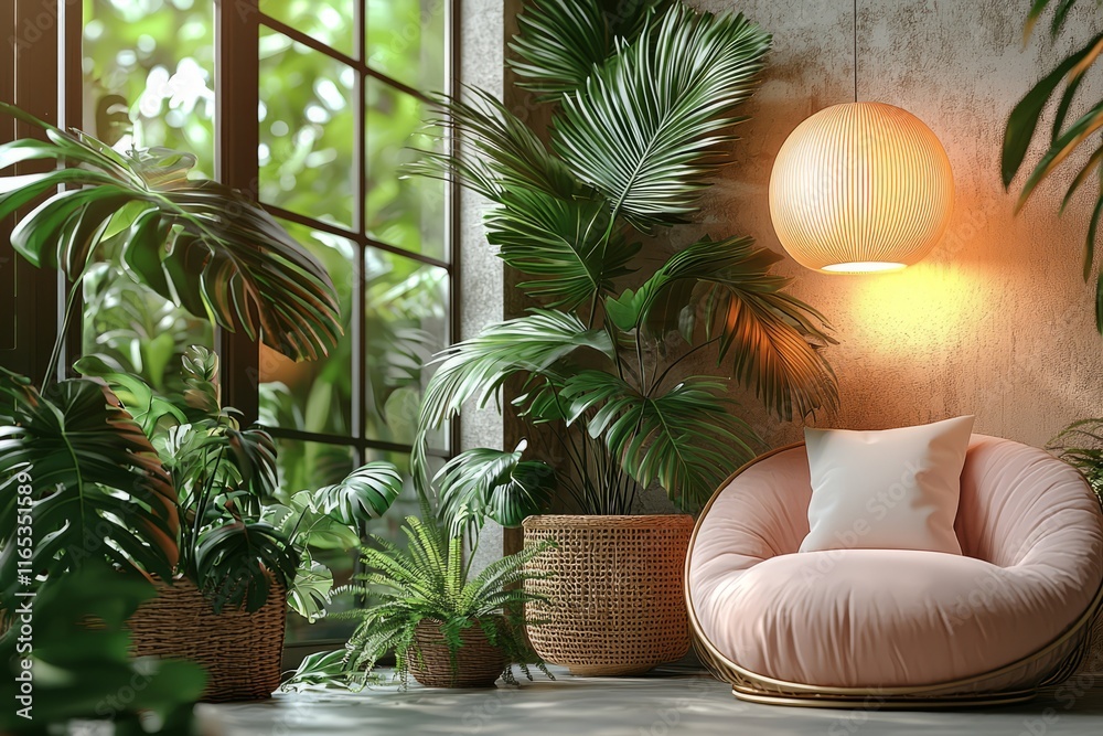 Fototapeta premium Serene Room Decor With Lush Plants and Modern Chair