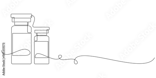 vaccine bottle in line art style, vector illustration.
