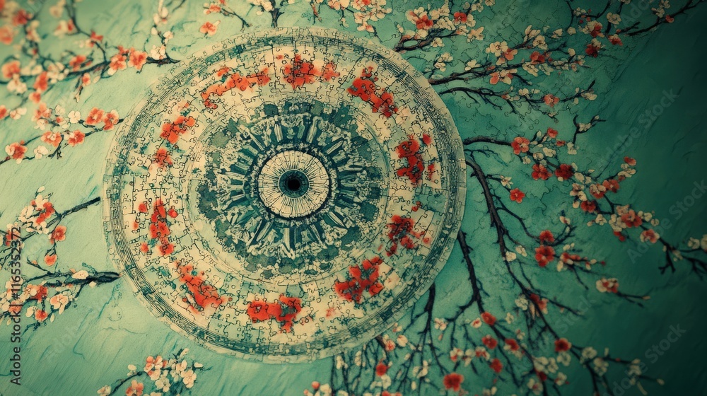 Fototapeta premium A beautiful floral ceiling art with branches and blossoms showcasing intricate patterns and vibrant colors for interior design.