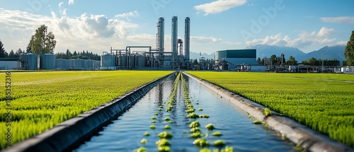 Algae farm with biofuel extraction facilities in the background, showcasing sustainable energy production through algaebased biofuels photo