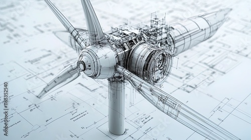 Schematic drawing of a wind turbine, labeled parts and clean engineering lines