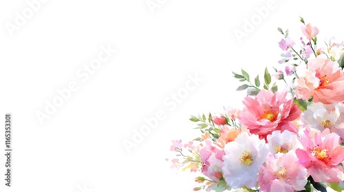 Watercolor floral corner border with pink and white peonies, roses, and greenery on white background.