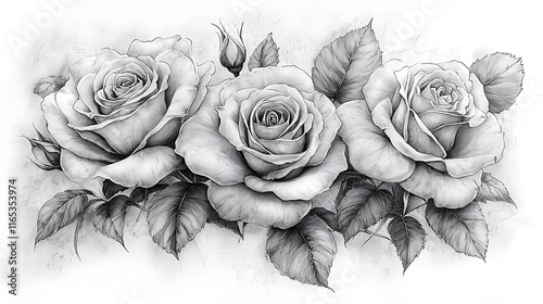 Three grayscale roses with leaves and buds, pencil sketch style.