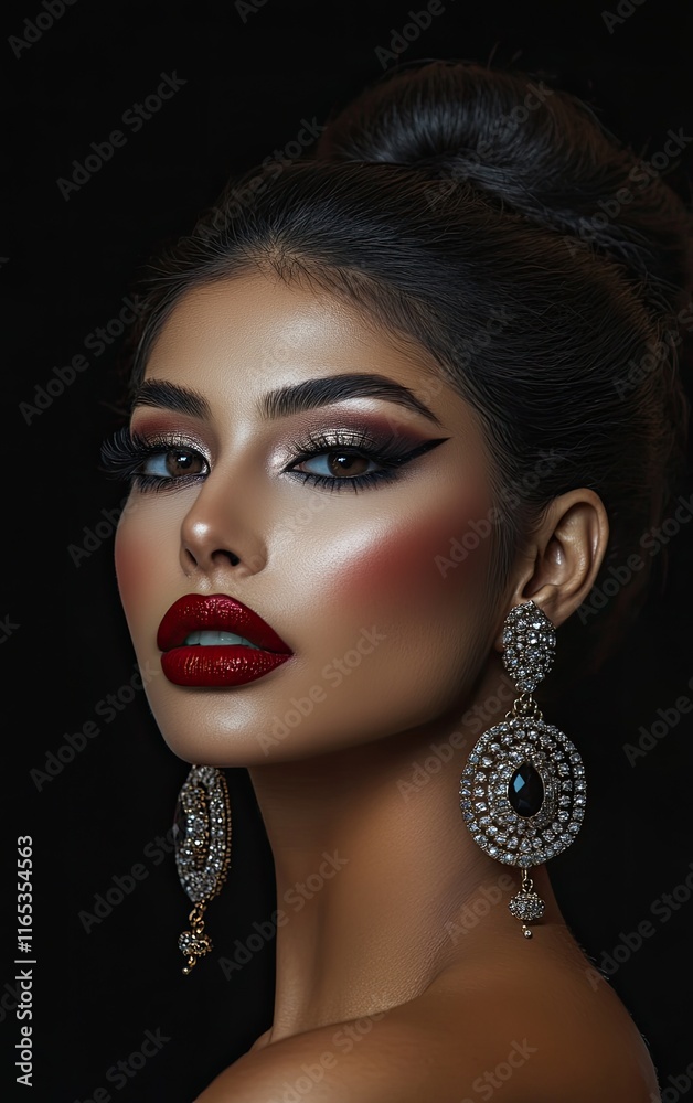 A beautiful woman with glamorous makeup, red lipstick, and silver earrings. She has large brown eyes and is wearing long lashes. A beautiful woman with glamorous makeup, red lipstick, and silver earrings. She has large brown eyes and is wearing long lashes.