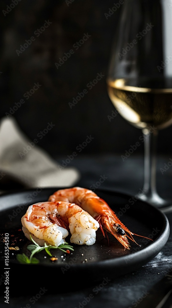 Shrimps lying on a black plate with spices and herbs near a glass of white wine Shrimps lying on a black plate with spices and herbs near a glass of white wine