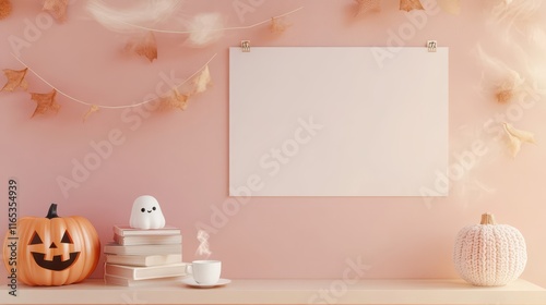 Knitted pumpkin and warm lighting highlight blank sign with playful decor