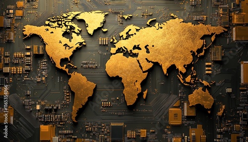 Gold world map features on a microchip background, blending global geography with advanced technology in a sleek, futuristic digital artwork photo