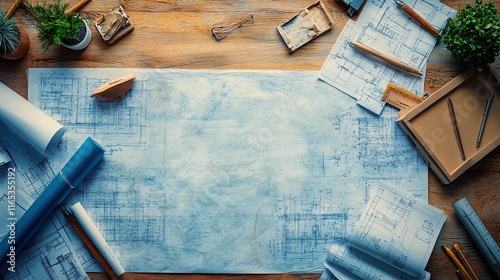 Overhead view of blueprints scattered on an engineer's desk, technical and precise