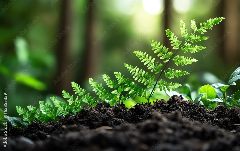 Green plant pushing through the forest floor and pointing upwards, signifying business growth, success, and the potential for achievement Green plant pushing through the forest floor and pointing upwards, signifying business growth, success, and the potential for achievement