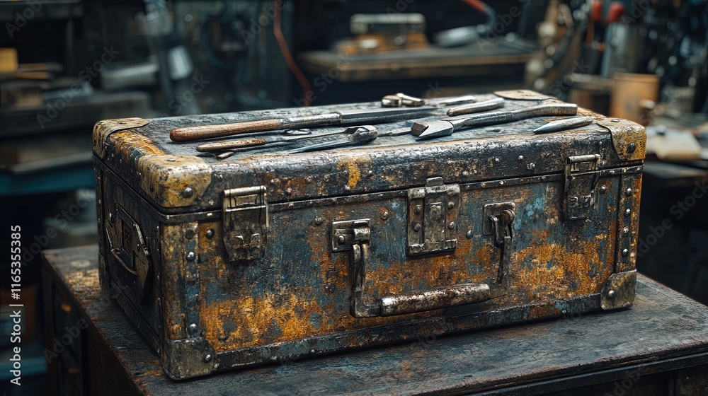 Obraz premium Mechanic toolbox with detailed tools and worn textures, gritty and realistic 