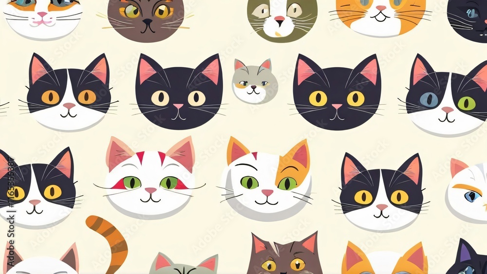 Background with Cute Cat Faces on White Background for World Cat Day: Playful and Adorable Pattern in Minimalist Style Background with Cute Cat Faces on White Background for World Cat Day: Playful and Adorable Pattern in Minimalist Style