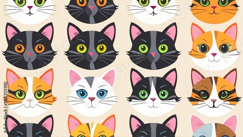 Wallpaper Mural Background with Cute Cat Faces on White Background for World Cat Day: Playful and Adorable Pattern in Minimalist Style Torontodigital.ca
