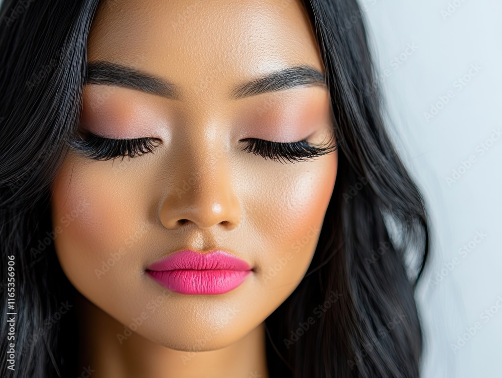 A close-up portrait of an attractive woman with long black hair, full eyelashes, and pink lipstick, set against a white background. A close-up portrait of an attractive woman with long black hair, full eyelashes, and pink lipstick, set against a white background.