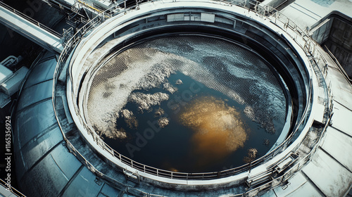 Overview of industrial thickener at landfill with dark liquid surrounded by large metal framework and wire mesh photo