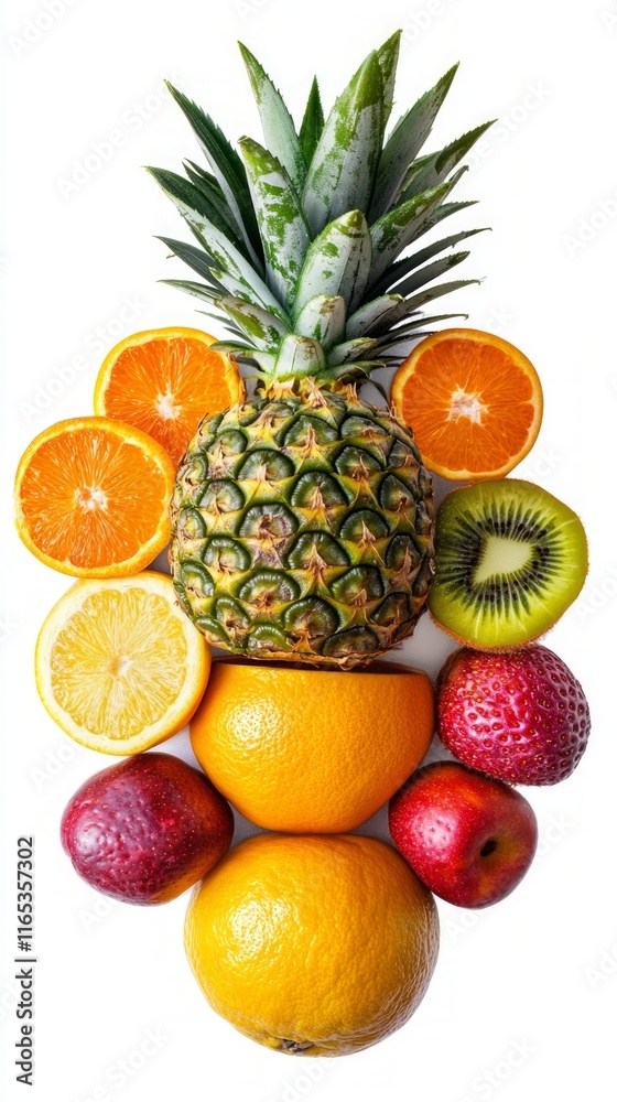 Vibrant Assortment of Fresh Fruits: Pineapple, Oranges, Kiwi, Strawberries, and Apples - A Colorful and Healthy Food Display Vibrant Assortment of Fresh Fruits: Pineapple, Oranges, Kiwi, Strawberries, and Apples - A Colorful and Healthy Food Display