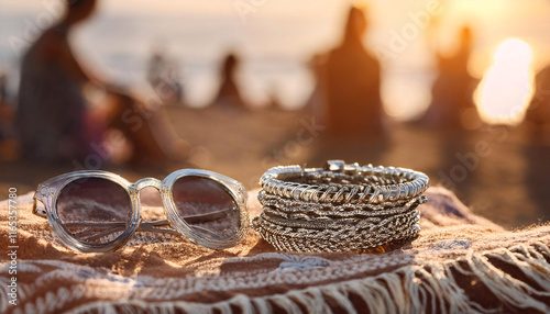 Stacked silver rings and intricately designed bracelets elegantly adorn a fringed shawl. Vintage sunglasses candidly complement the boho vibe at a lively beach gathering during golden hour