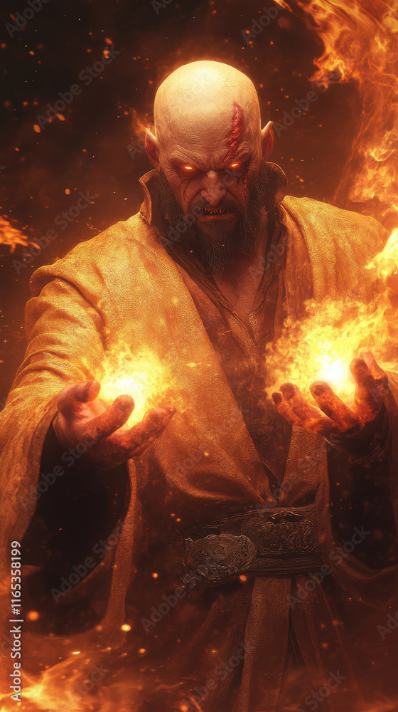 Fototapeta premium powerful sorcerer conjuring fiery spells with intense focus