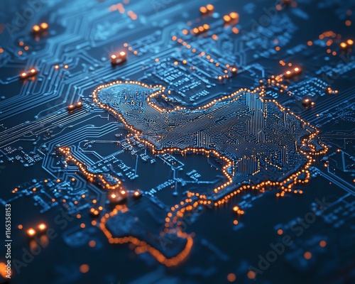 UK map printed on a microchip, symbolizing the integration of geography and advanced technology in a sleek, futuristic design photo