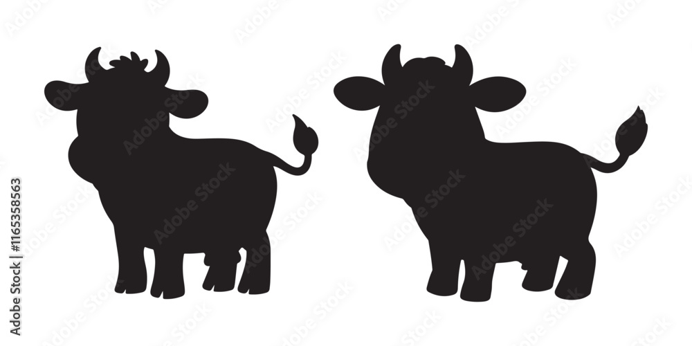 Naklejka premium Cute Black Silhouette of Two Cows vector on white background 