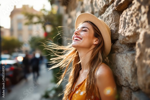 Delighted female illuminated by sunlight standing near stone wall in city and enjoying summer vacation
