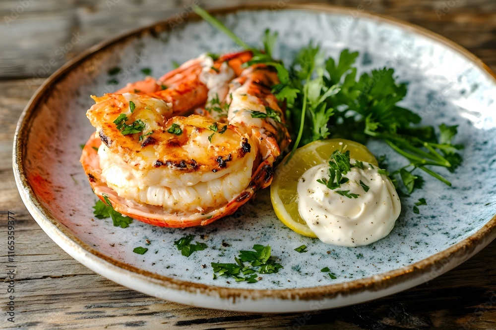 Spiny lobster, golden-red shell, mayo, lemon wedge, parsley, on a rustic table Spiny lobster, golden-red shell, mayo, lemon wedge, parsley, on a rustic table