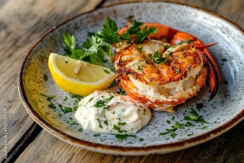 Spiny lobster, golden-red shell, mayo, lemon wedge, parsley, on a rustic table photo