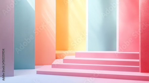 Fototapeta Naklejka Na Ścianę i Meble -  Pink staircase ascending in a colorful abstract room with pastel walls