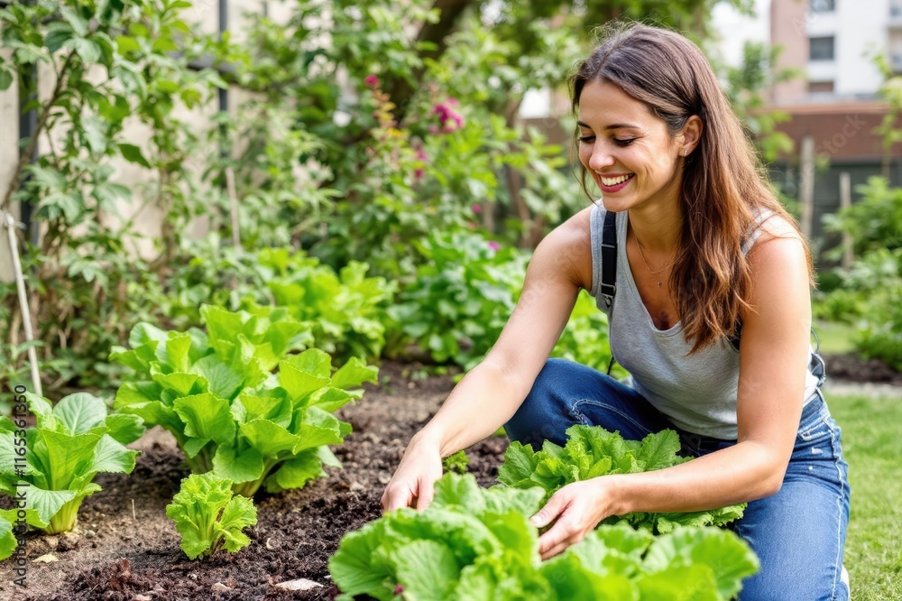 Smiling woman harvesting lettuce in urban garden Smiling woman harvesting lettuce in urban garden