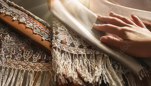Delicate hands gently explore overlapping Boho fabrics adorned with ethnically inspired embroidery, revealing rich textures and earthy colors in a bright, artistic space
