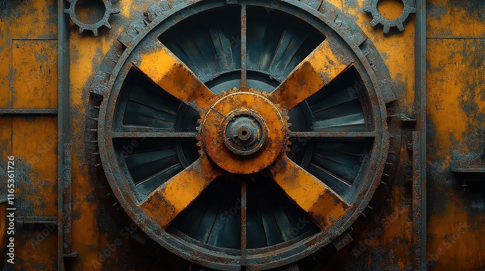 Large mechanical fan with exposed gears and rust textures, industrial atmosphere Large mechanical fan with exposed gears and rust textures, industrial atmosphere