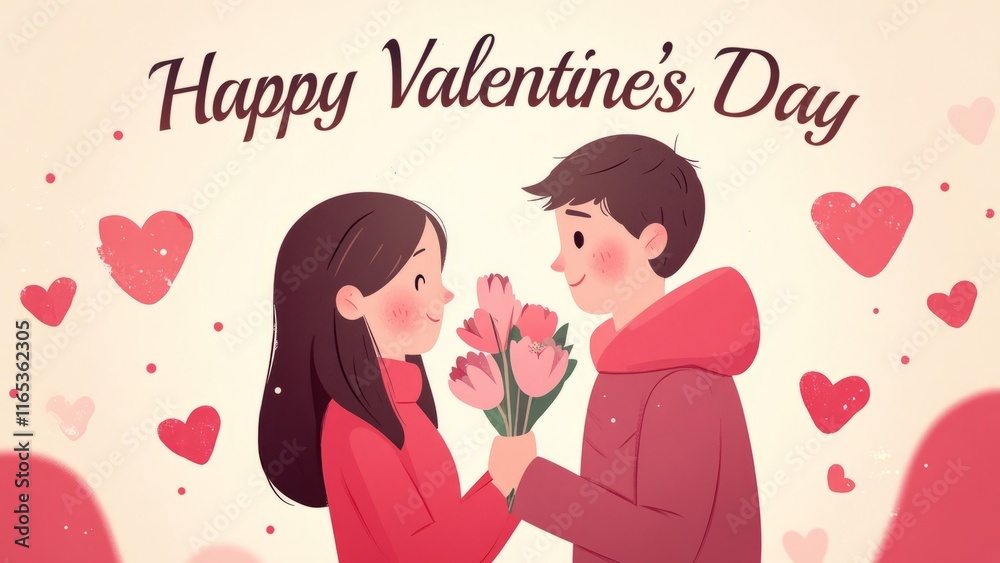 A Charming Illustration Celebrating Valentine's Day with Hearts and Flowers in the Air A Charming Illustration Celebrating Valentine's Day with Hearts and Flowers in the Air