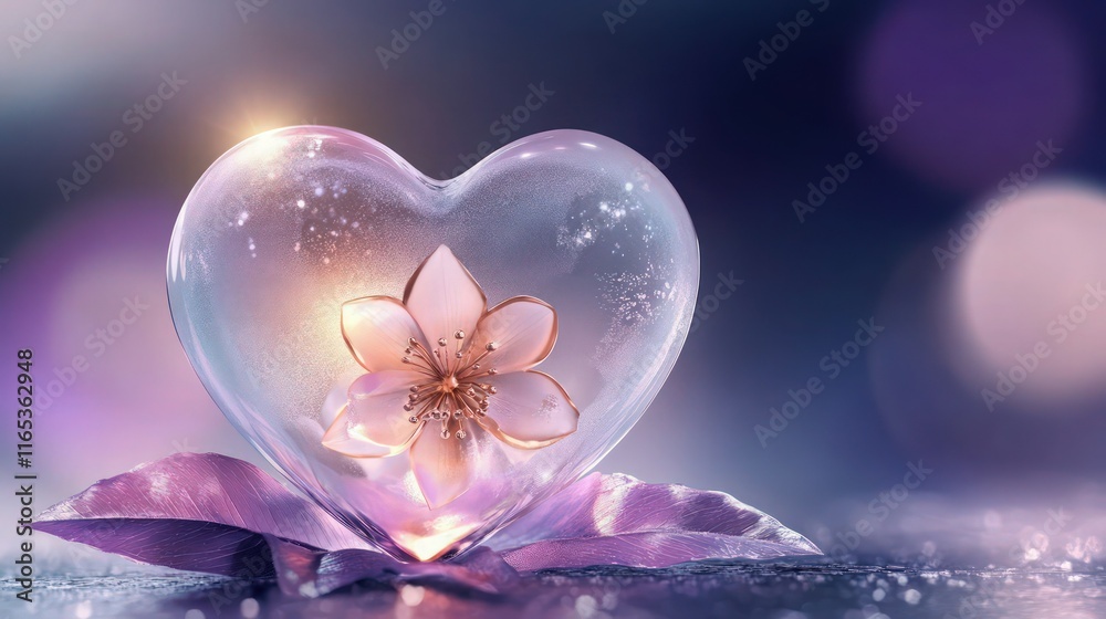 Fototapeta premium A frosted lavender glass heart with a rose gold metallic flower and pinkish leaves beneath, glowing softly on a blurred violet and navy background.