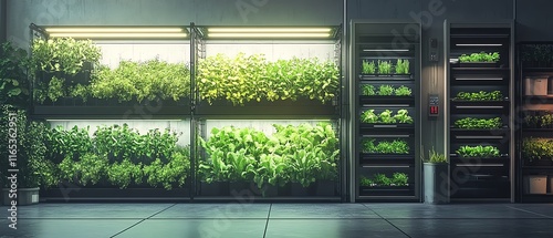 Vertical farm in an industrial space with multitiered shelves of vegetables and greens, highlighting the concept of sustainable food production in urban environments photo