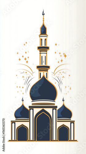 illustration of a majestic mosque with fireworks celebrating Eid Dark blue domes gold accents and a tall minaret create a beautiful image photo