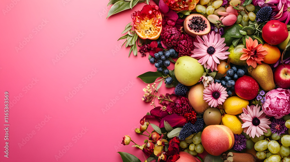 Obraz premium Enchanted Garden Bouquet: A Fusion of Exotic Fruits and Luxurious Florals pink background with copy space