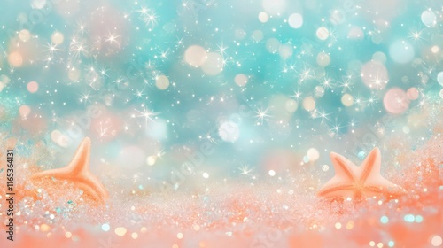 A glittery mermaid sky with soft pastel gradients of coral and aqua, adorned with twinkling stars, swirling bokeh lights, and shimmering rainbow highlights.