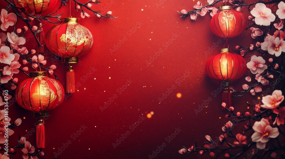 Fototapeta premium Lunar New Year: Red Lanterns and Blossoms