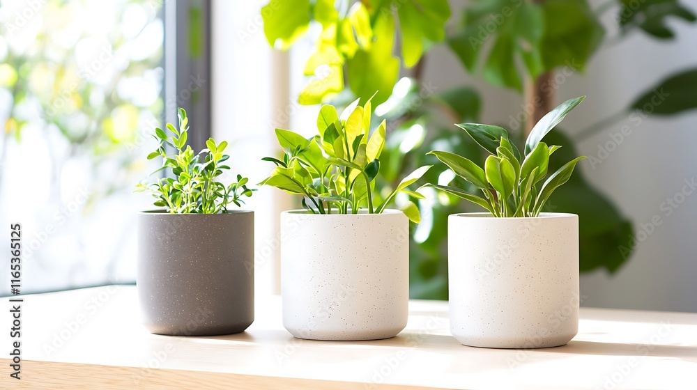 Fototapeta premium Three potted plants on a windowsill bathed in sunlight.