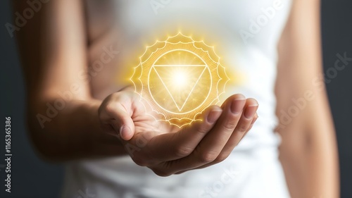 Woman presenting Manipura chakra symbol 
